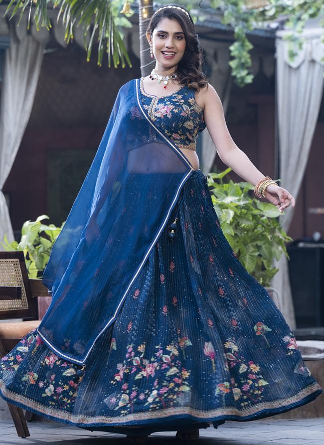 Pure Chinnon Blue Party Wear Sequence Work Readymade Lehenga Choli